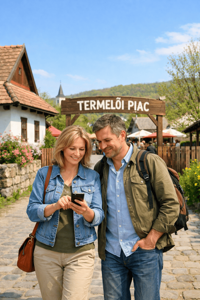 Férfi és nő telefonnal piac előtt